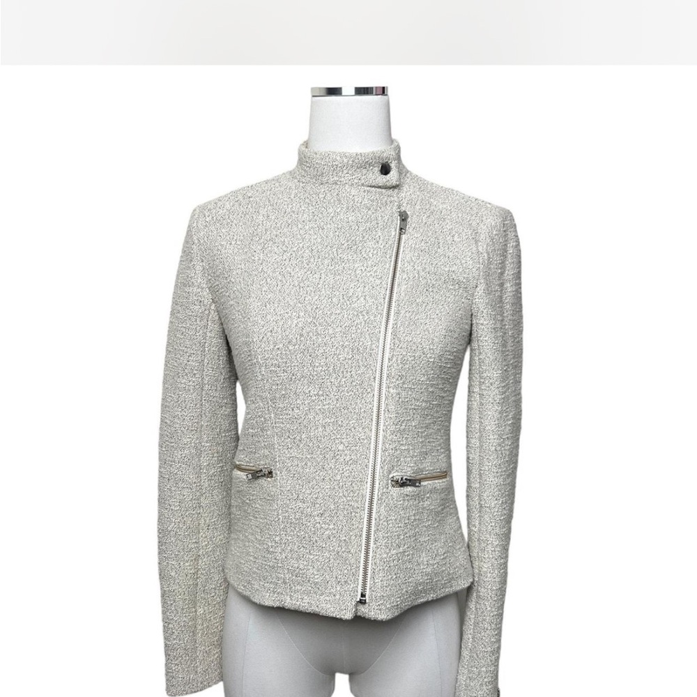 Theary Macha Cl Madison tweed melange zip moto blazer jacket cream size M - Picture 3 of 8
